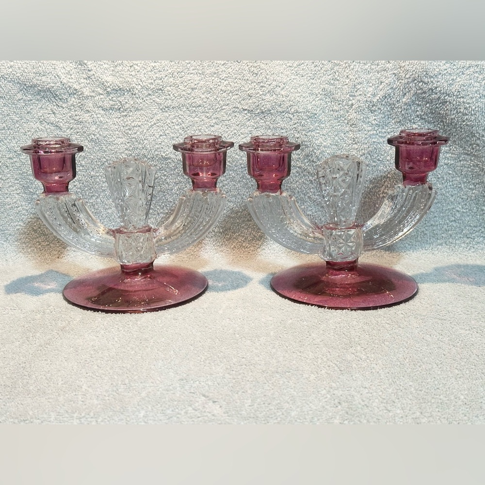 Tiffin Franciscan 1940s vintage ruby red double arm candelabra candle holders